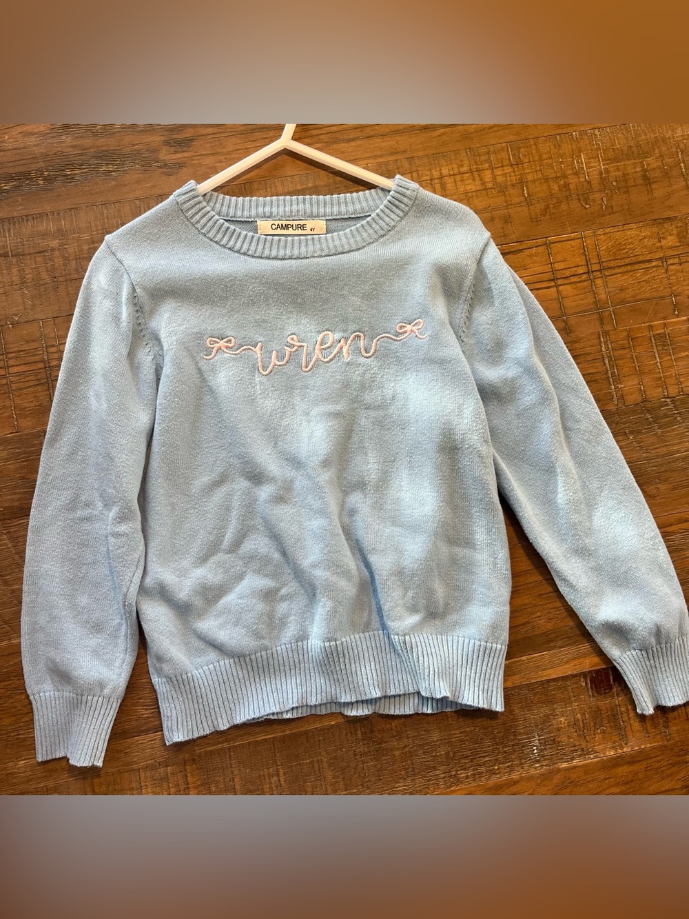 “Wren” Blue Knit Sweater with pink embroidery